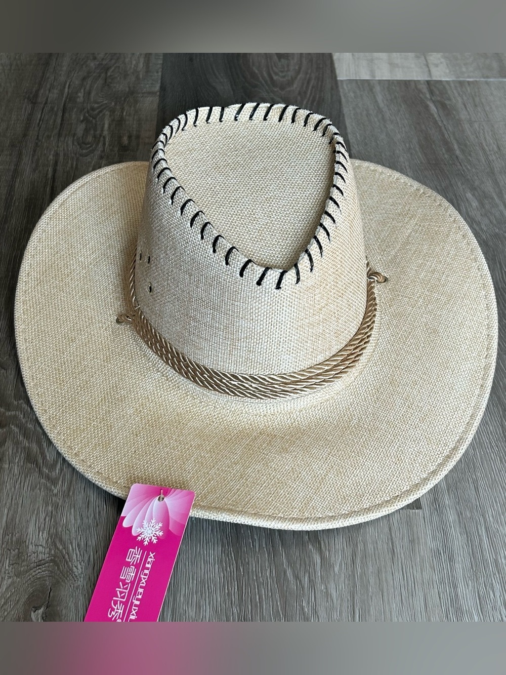 NWT Linen Western Cowboy Hat Boho Festival Beach Sun Hat Cream Beige